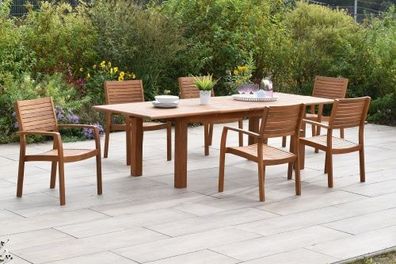 Batavia Set 7tlg., 6 Stapelsessel, Doppelausziehtisch 180 (220/260) x 100 cm, Akazie