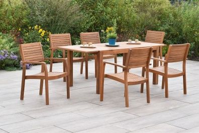 Batavia Set 7tlg., 6 Stapelsessel, Ausziehtisch 150 (200) x 90 cm, Akazie
