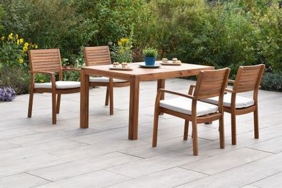 Batavia Set 9tlg., 4 Stapelsessel, 4 Sitzkissen Ausziehtisch 150 (200) x 90 cm, Akazi