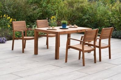 Batavia Set 5tlg., 4 Stapelsessel, Ausziehtisch 150 (200) x 90 cm, Akazie