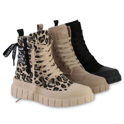 VAN HILL Damen Plateau Sneaker Keilabsatz Prints Wedges Profil-Sohle