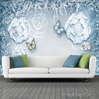 Vlies Fototapete Wandtapete Wandbilder Blau Blumen Blau Schmetterling 1749