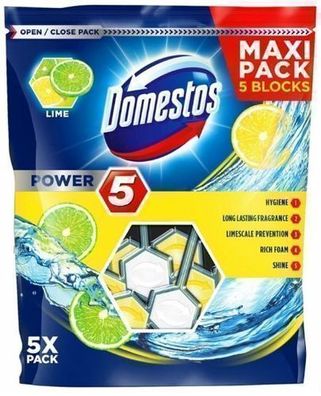 Domestos Power 5 WC-Reiniger, Limette-Duft, 5 Stueck Packung