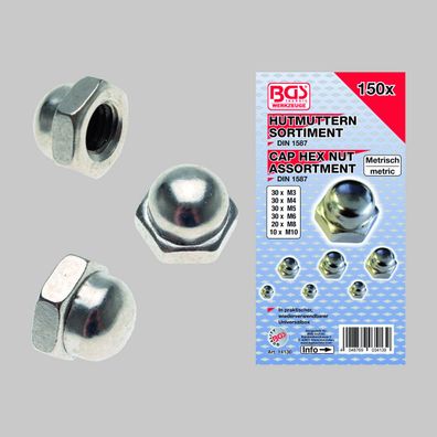 Hutmuttern Sortiment Sechskantmutter Mutter M3 M4 M5 M6 M8 M10, DIN 1587, 150-tlg