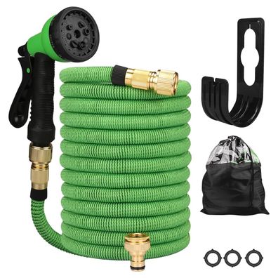 7,5 m Teleskop-Gartenschlauch - Ständer + 8-stufige Brause, Messingbeschläge
