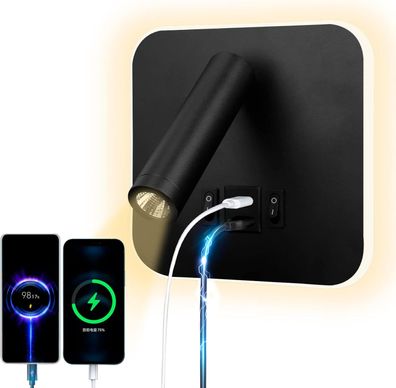 LED-Leselicht-Wandleuchte, USB-Typ-C-Doppelladeanschluss, 12 W, 3000 K. (Schwarz, ru