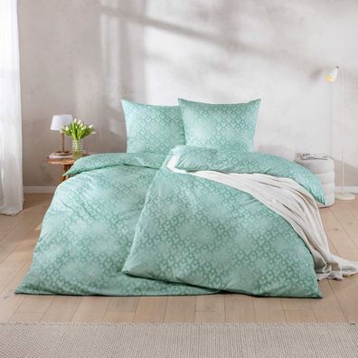 Estella Mako Jersey Bettwäsche 155x220 Tira mint Retro Geflecht türkis 6359-520