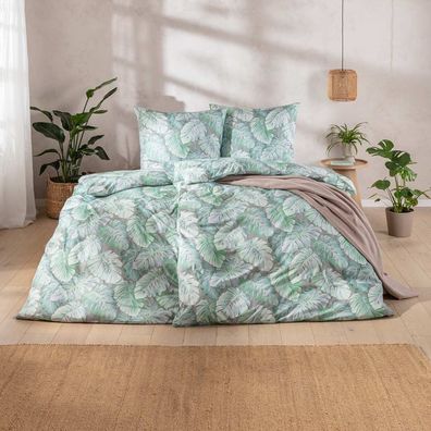 Estella Mako Jersey Bettwäsche 155x220 Rabea alge Blätter Monstera grün 6301-545