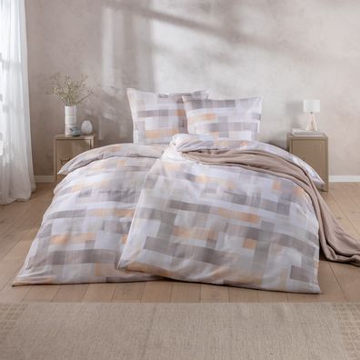 Estella Mako-Satin Bettwäsche 135x200 Cyrillo peach Karo sand beige 7519-195