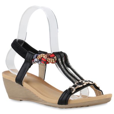 VAN HILL Damen Sandaletten Keilsandaletten Keilabsatz Strass Prints