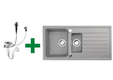 Einbau Granitspüle Grau 100x50 – Doppelbecken mit Abtropf + Zubehör