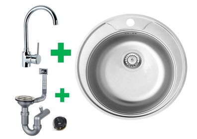 Runde Edelstahlspüle Ø51 cm – mit Armatur & Siphon-Set