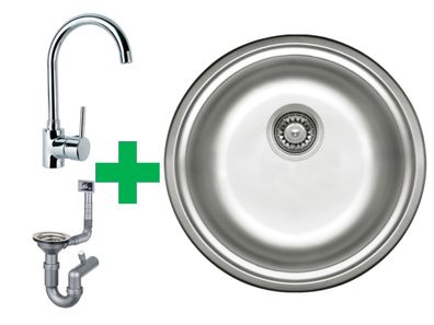 Einbau Edelstahlspüle Ø42 cm, Rundbecken mit Armatur, Siphon
