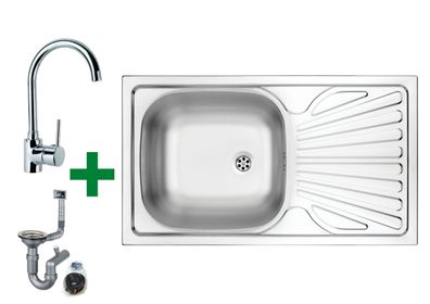 Einbau Edelstahlspüle 76x44 cm – mit Armatur & Siphon Set