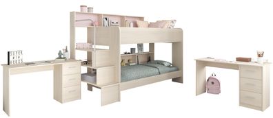Etagenbett Bibop 74 – mit Regalwand, Lattenrost & 2 Schreibtischen