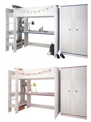 Hochbett Smoozy 4a+4b 90x200 Weiß mit Schrank pink/blau Kanten