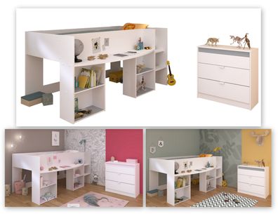 Parisot Pirouette 16 Set Weiß – Bett & Kommode, Grau/Rosa
