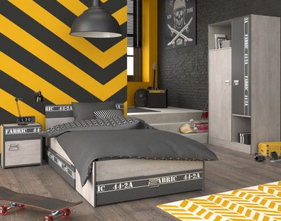 Parisot Fabric 2 Set Grau – Bett, Schrank, Nachttisch 99x200