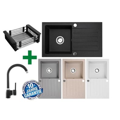 Granitspüle 76x44 + Spülkorb – mit/ohne Armatur + Siphon-Set