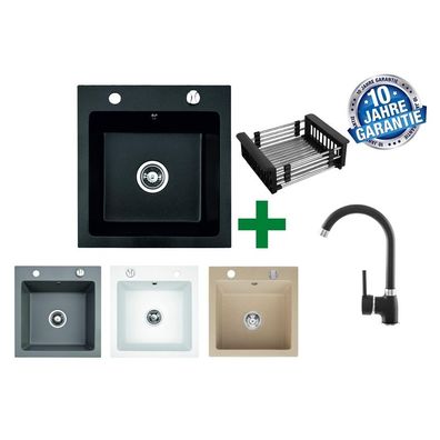 Granit-Spülbecken 48x50 + Geschirrkorb – mit/ohne Armatur + Siphon-Set
