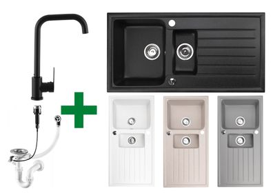 Granitspüle 100x50 + Armatur Steel – inkl. Siphon-Set