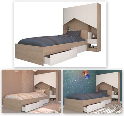 Shelter 8 Schubkastenbett 90x200 – Eiche/Weiß
