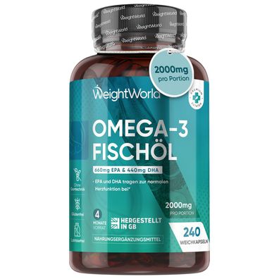 Omega 3 Kapseln - 2000mg Fischöl mit 1100mg Omega-3 - 240 Softgels - WeightWorld