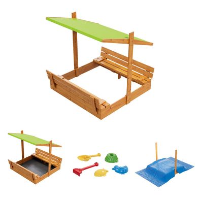Sandkasten aus Holz mit Sitzbank Dach Abdeckung Imprägniert Sandbox Grün 10780