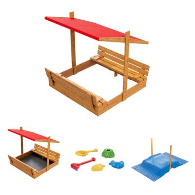 Sandkasten aus Holz mit Sitzbank Dach Abdeckung Imprägniert Sandbox Rot 10781