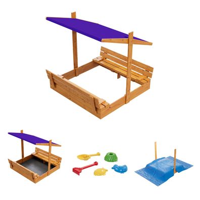 Sandkasten aus Holz mit Sitzbank Dach Abdeckung Imprägniert Sandbox Dunkelblau 10782