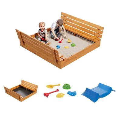 Sandkasten aus Holz mit Sitzbank Abdeckung Imprägniert Kinder Sandbox 10784