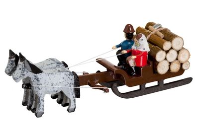 Pferdeschlitten mit Waldarbeiter Miniaturgespann Länge 9cm NEU Gespann Fuhrwerk