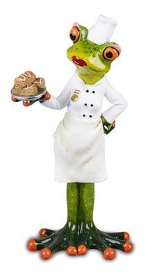 Frosch als Bäcker Dame 19 cm aus Kunststein mit handbemalter Oberfläche