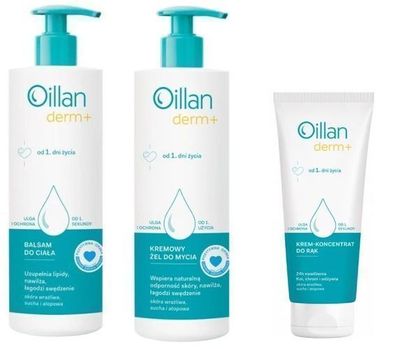Oillan Derm+ - Pflegekit fuer Hautpflege: 400 ml Koerperbalsam, 400 ml Duschgel, 7