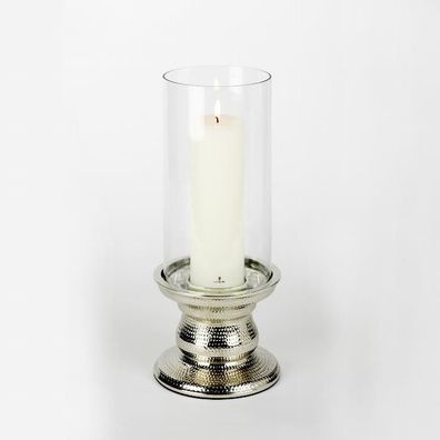 Lambert Makani Windlicht H 45,5 cm, D 18,5 cm, Sockel Metall gehämmert vernickelt