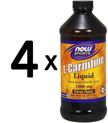 4 x NOW Foods L-Carnitine Liquid, 1000mg Tropical Punch - 473 ml