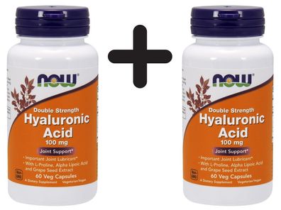 2 x NOW Foods Hyaluronic Acid, 100mg (Double Strength) - 60 vcaps
