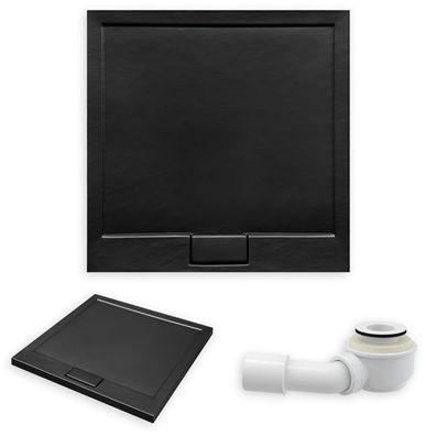 Duschwanne Quadratisch AXIM SLIM 90x90x4,5 Schwarz Steinoptik | Ablaufgarnitur im SET