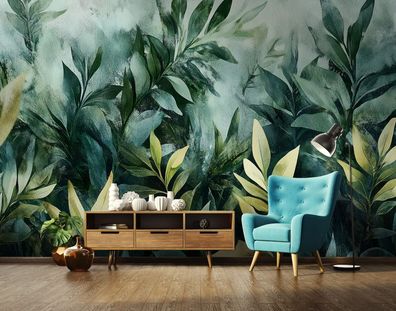 Vlies Fototapete Blätter Grün Abstrakt Moderne TAPETE XXL Wohnzimmer Schlafzimmer