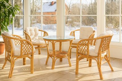Moderne Rattan Sitzgruppe 5-teilig - Handgeflochten mit Kissen & Glastisch, montiert