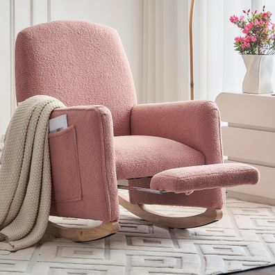Schaukelstuhl mit Hocker, hohe Rückenlehne, rosa Teddy-Stoff, ideal für Wohnzimmer