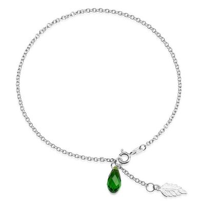 Fußkette - Silber - Grüner Kristall und Blatt