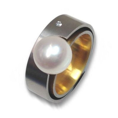 Ring 54 - bicolor - Edelstahl Brillant Zuchtperle