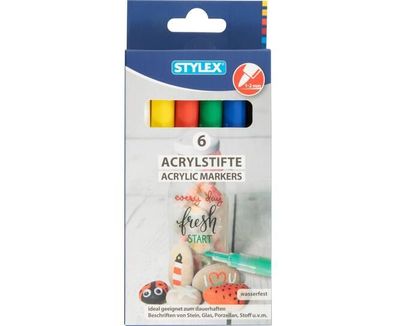 Stylex 32817 Acrylstifte 6 Stück 6 Farben wasserfest Stein Glas Porzellan Stoff