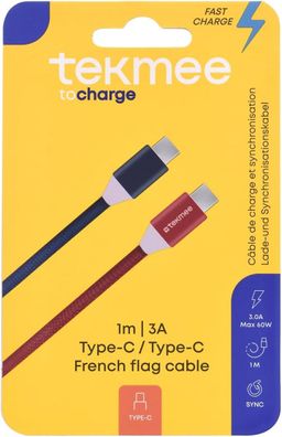 Tekmee Ladekabel 1m lang USB-C- 3A/60w - fast charge Rot, eiß, lau