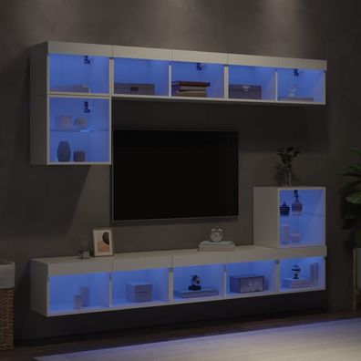 vidaXL 8-tlg. Wohnwand mit LED-Beleuchtung Weiß Holzwerkstoff