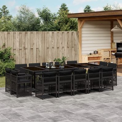 vidaXL 15-tlg. Garten-Essgruppe mit Kissen Schwarz Poly Rattan