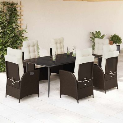 vidaXL 7-tlg. Garten-Essgruppe mit Kissen Braun Poly Rattan
