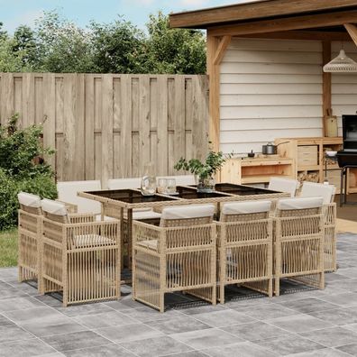 vidaXL 11-tlg. Garten-Essgruppe mit Kissen Beige Poly Rattan