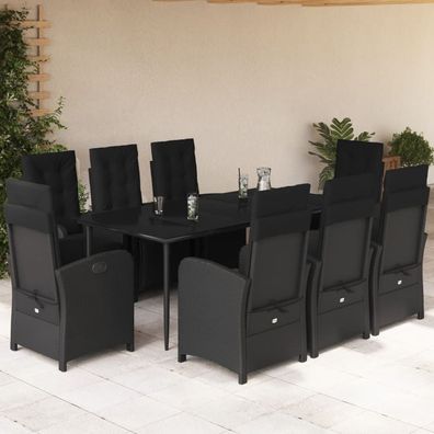 vidaXL 9-tlg. Garten-Essgruppe mit Kissen Schwarz Poly Rattan